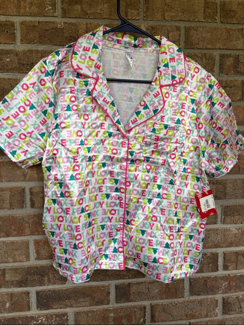 Holiday White Satin Short-Sleeve PJ Set with Pink & Green Joy, Love Peace Print
